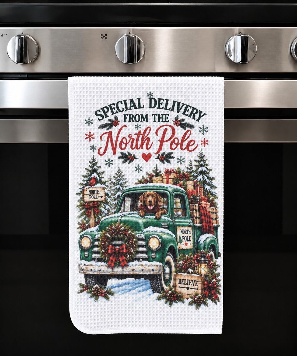 Special Delivery From the North Pole Christmas Lab Truck Kitchen Towel